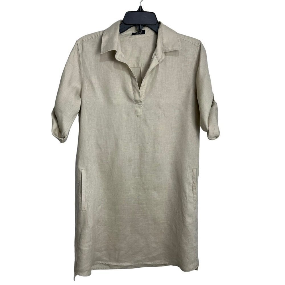 Pure Amici Linen Roll Tab Sleeve Tan Khaki Shirt Dress Small - Picture 3 of 12